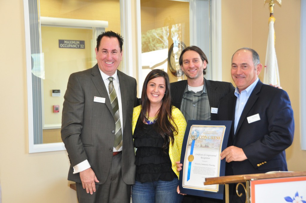(Left to Right) Anthony Sandoval, Western Senior Housing President; Heather Rouhana, Representative from Congressmember Gary Miller; Aaron Mandel, Western Senior Housing Vice President and Graham Espley-Jones, Western Community Housing President